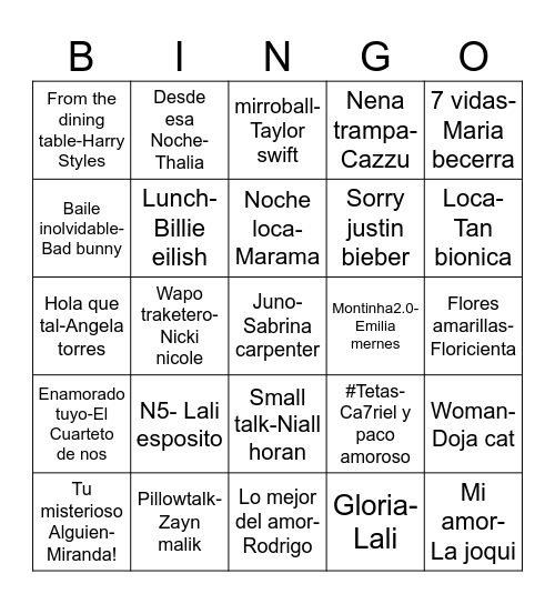 Canciones Bingo Card