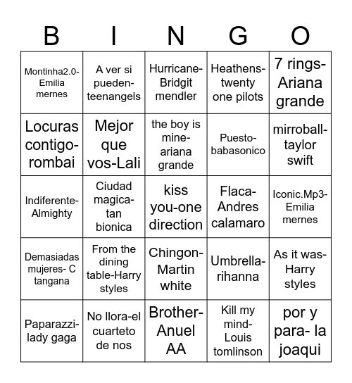 Canciones Bingo Card