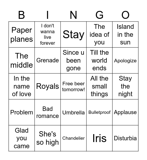 Punk Goes Pop Bingo Card