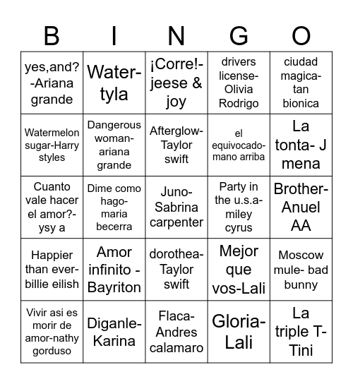 Cancion Bingo Card