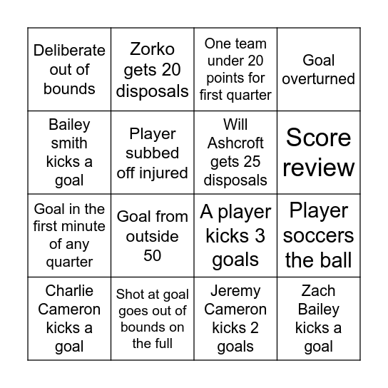 AFL GF 2025 BINGO Card