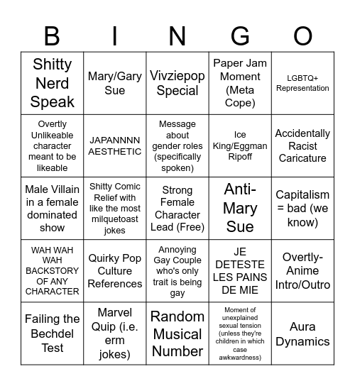 New Indie Animation Bingo Card