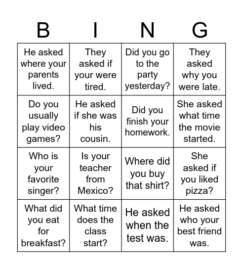 Reporting Questions Bingo Card
