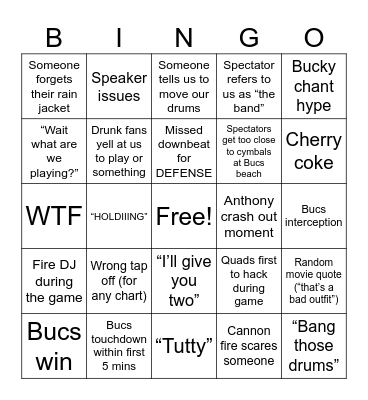 Bucs vs Jets 9/21/25 Bingo Card