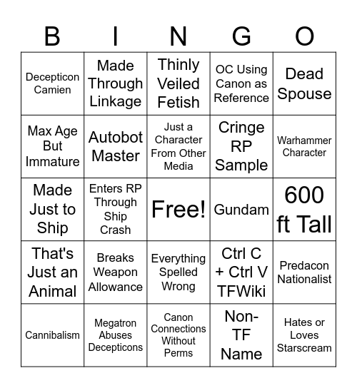 Cringe Character Bingo Card