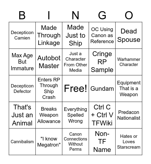 Cringe Character Bingo Card