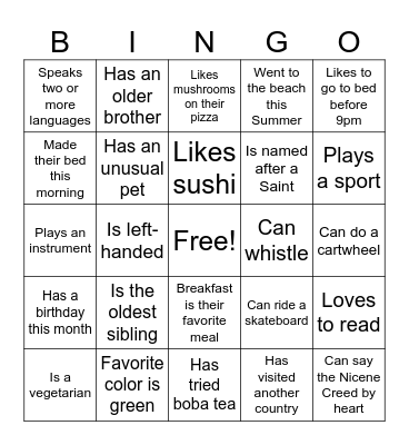 Sunday School Bingo Card
