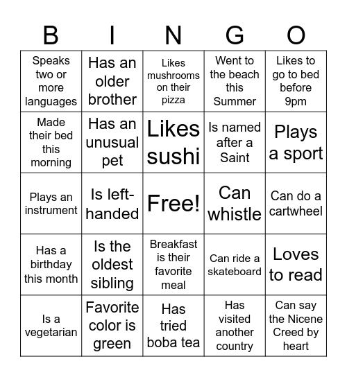 Sunday School Bingo Card