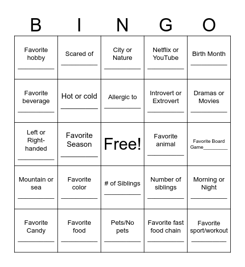 Get to Know You Bingo Card