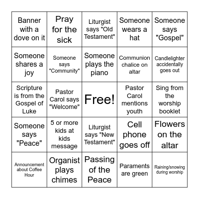 Worship Service Bingo Card