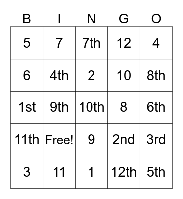 CARDINAL & ORDINAL NUMBERS Bingo Card