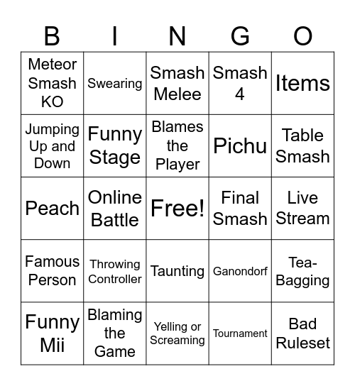Smash Bros Rage Bingo Card