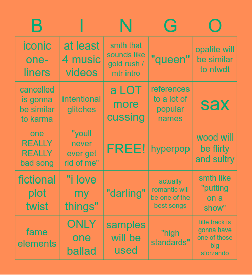 The Life Of A Showgirl Bingo Card