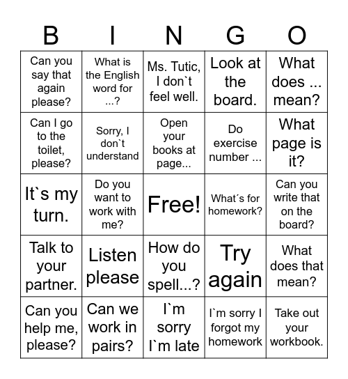 Classroom Phrases Bingo Card