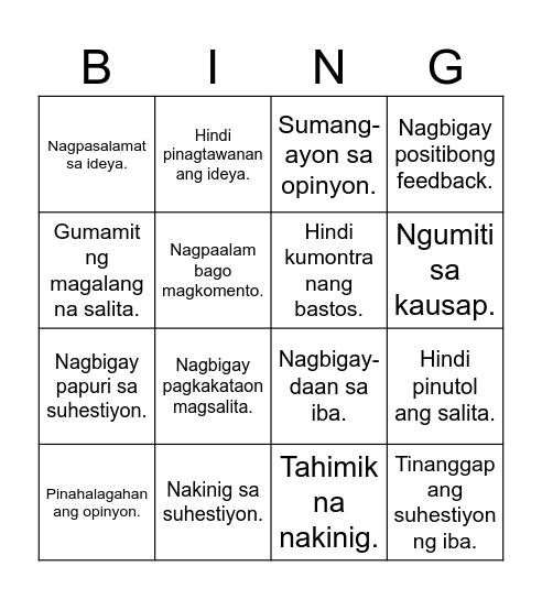 RESPECT Bingo Card