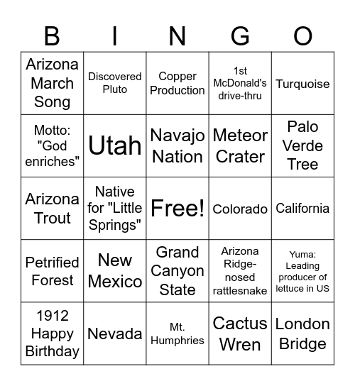 Arizona Bingo Card