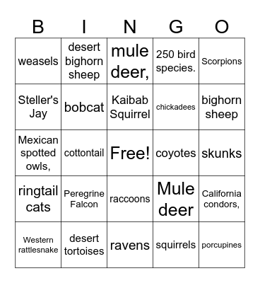 Wildlife : Bryce, Zion, Grand Canyon Bingo Card
