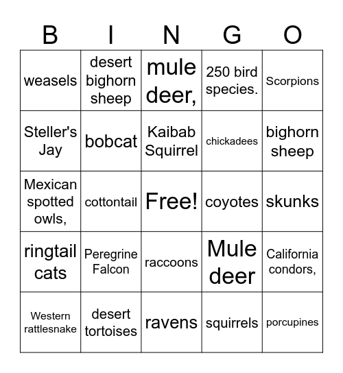 Wildlife : Bryce, Zion, Grand Canyon Bingo Card