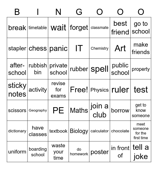 Unit 4 - Vocabulary Bingo Card