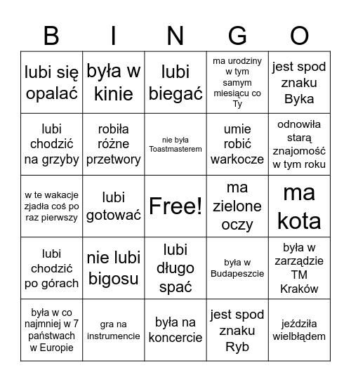 Toastmasters Kraków - BINGO. Znajdź osobę która Bingo Card