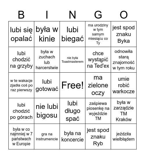 Toastmasters Kraków - BINGO. Znajdź osobę która Bingo Card