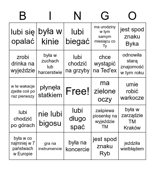 Toastmasters Kraków - BINGO. Znajdź osobę która Bingo Card