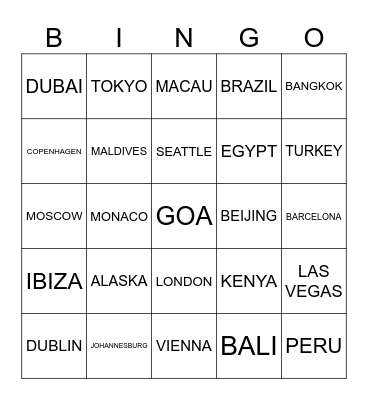 Places she has travelled to Bingo Card