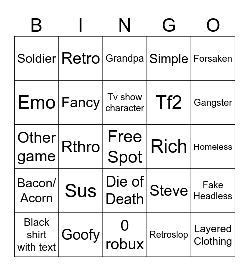 roblox avatar bingo Card