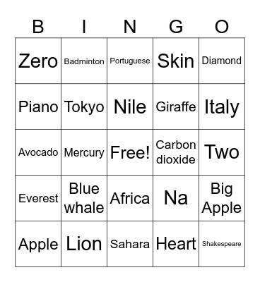Trivia: Anything Under the Sun! Bingo Card