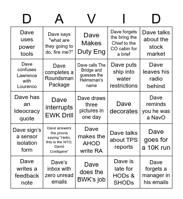 Ted Talk Bingo Card. Don't tell Dave Bingo Card
