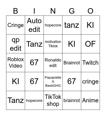 Tik Tok Bingo Card