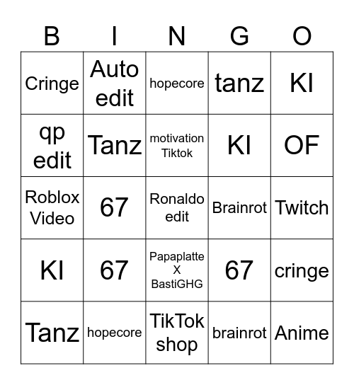 Tik Tok Bingo Card