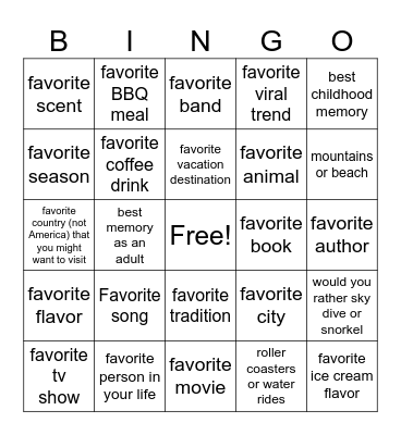 favorites Bingo Card