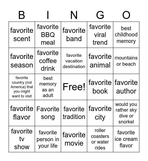 favorites Bingo Card