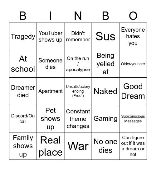 Dream Bingo Card