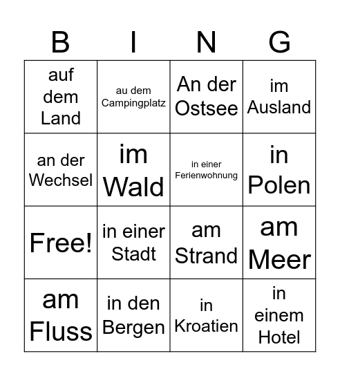 Wo warst du in den Ferien? Bingo Card