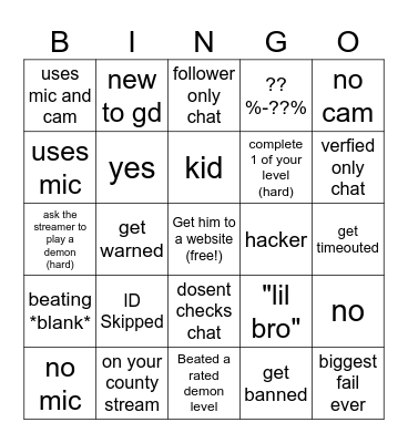 Geometry Dash stream Bingo Card