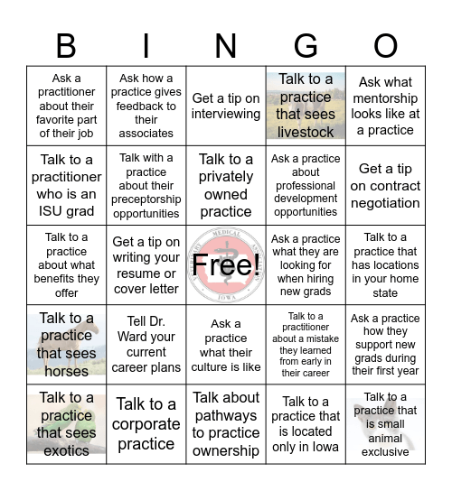 Veterinary Career Fair Bingo Card