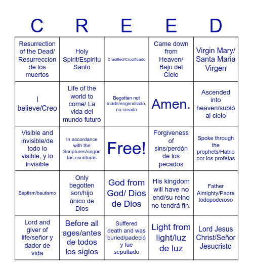 Nicene Creed Bingo Card