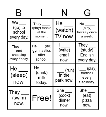 Present simple and present continuous Bingo Card