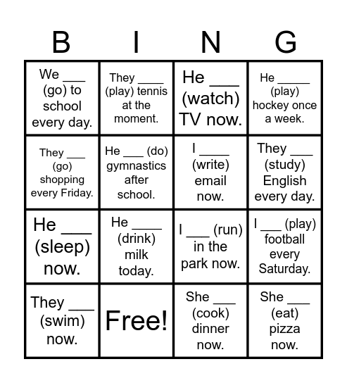 Present simple and present continuous Bingo Card