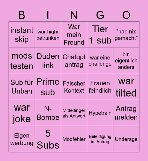 EntbannungsBingo Card