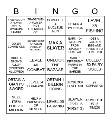 HYPIXEL SKYBLOCK BINGO BOARD Bingo Card