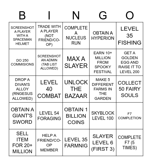 HYPIXEL SKYBLOCK BINGO BOARD Bingo Card