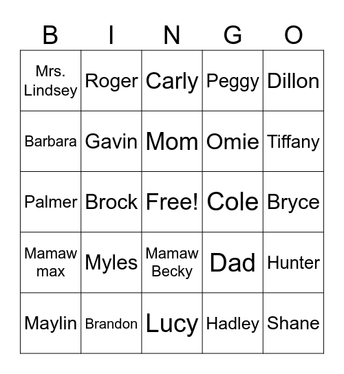 Names Bingo Card