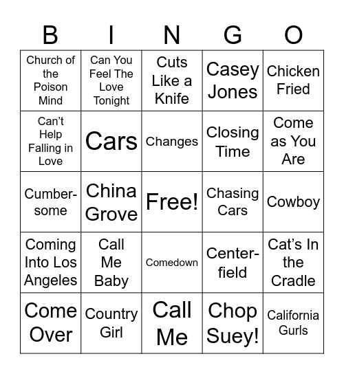 C Songs Bingo Card