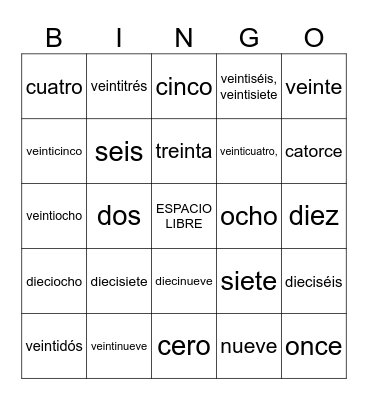 Los Números 0 - 31 Bingo Card