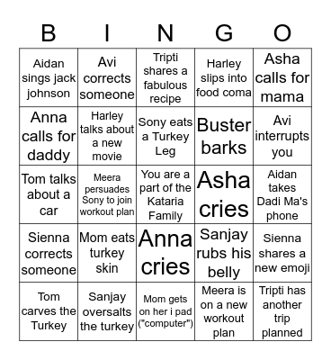 Kataria Thanksgiving Bingo Card