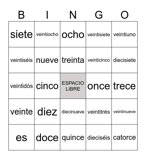 Los Números 0 - 31 Bingo Card