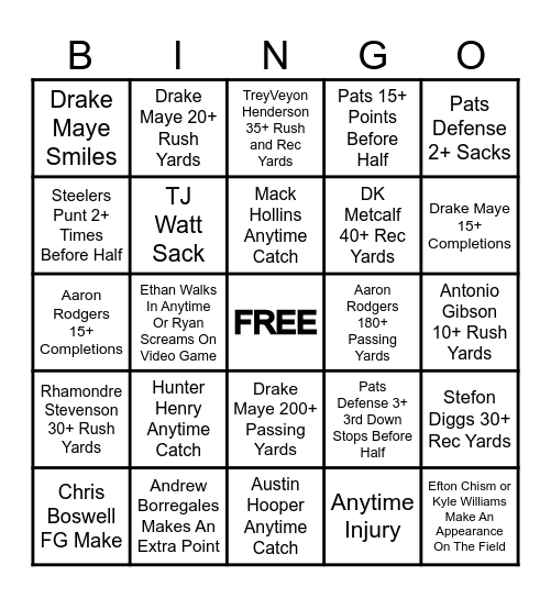 Patriots vs. Steelers Bingo Card